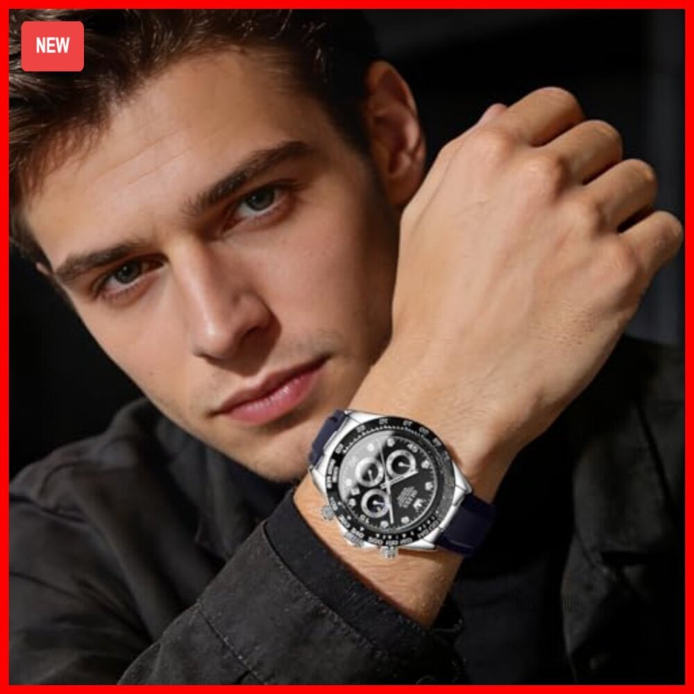 Men's Diamond Chronograph Watch, Moon Phase, Waterproof, Silicone Strap View 2